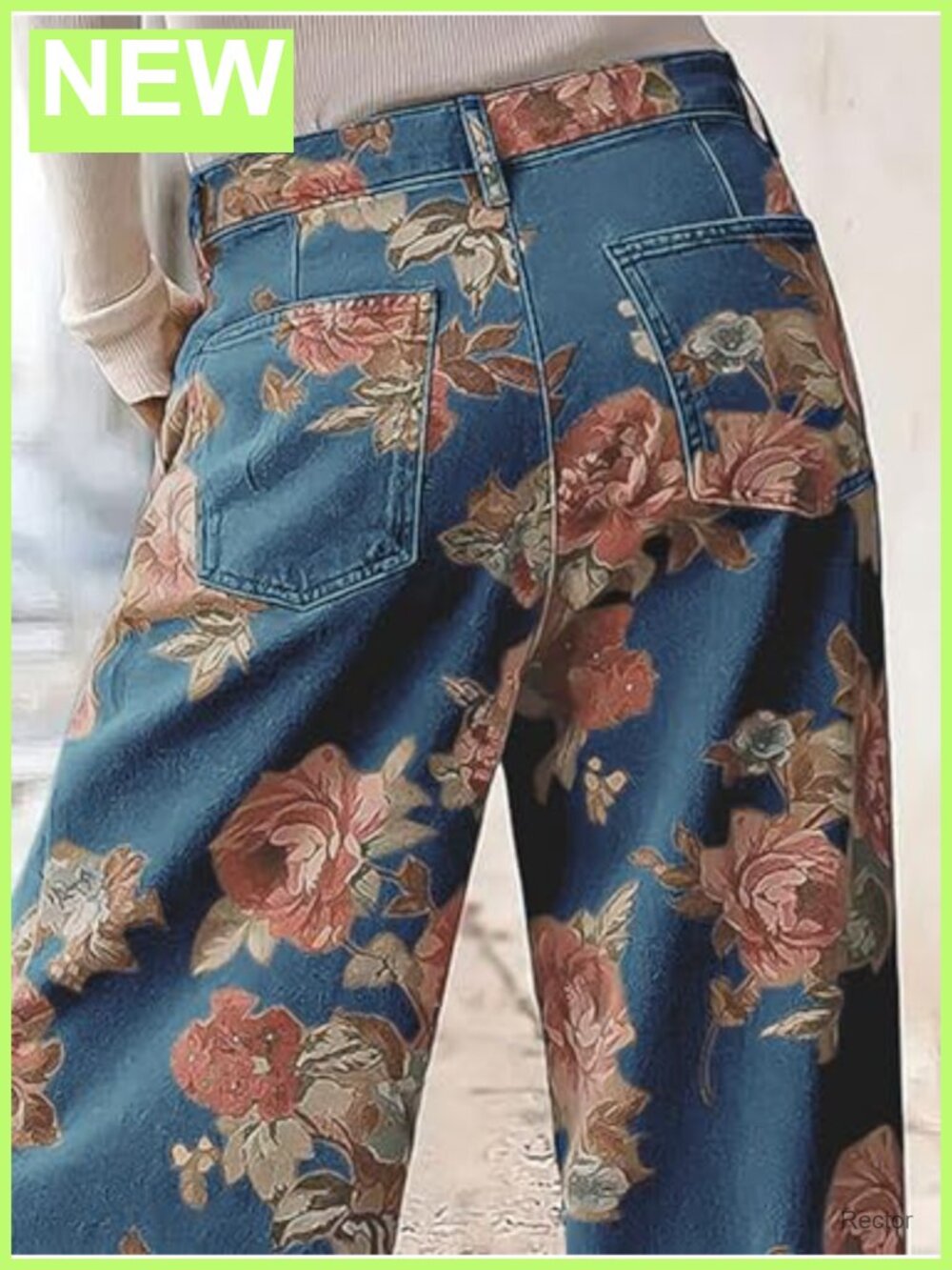 Mid Rise Cropped Wide Leg Floral Jeans Baggy Ankle Denim Capris - Picture 5 of 6